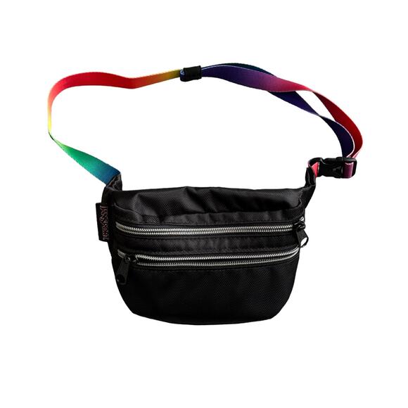 JANSPORT HIPPYLAND BLACK AND RAINBOW STRAP WEB FANNY PACK - Picture 1 of 10